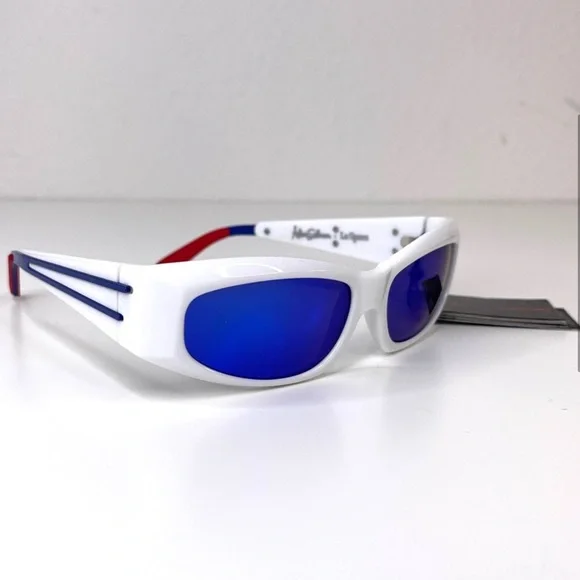 LE SPECS Adam Selman The Edge Sunglasses NEW White WIth Blue Mirror Lenses - Picture 4 of 16